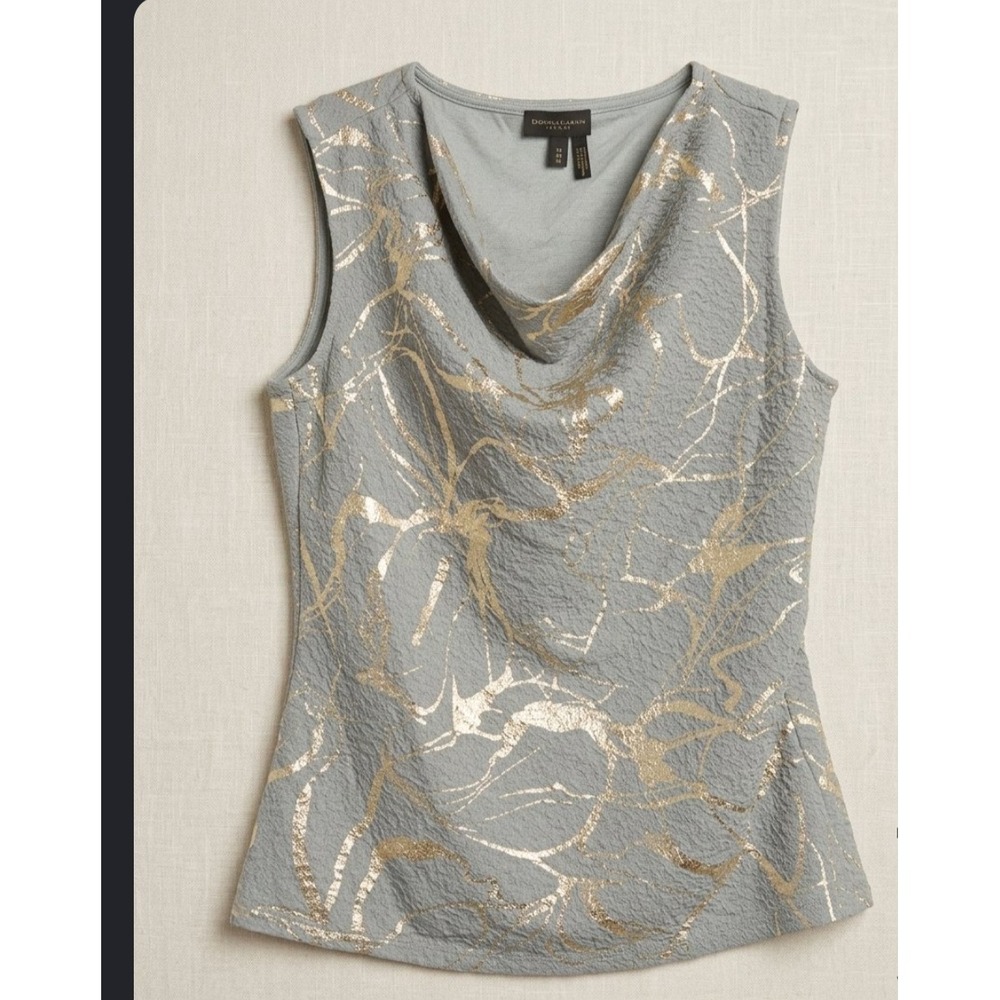 Donna Karan New York Metallic Gold Abstract Cowl Neck Sleeveless Top Green M